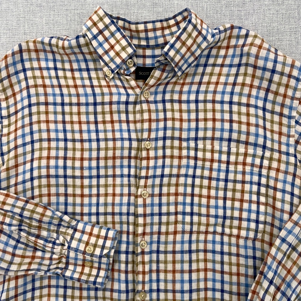 Scott Barber‎ 100% Linen Plaid Shirt Men Large Blue Rust Button Down Resort